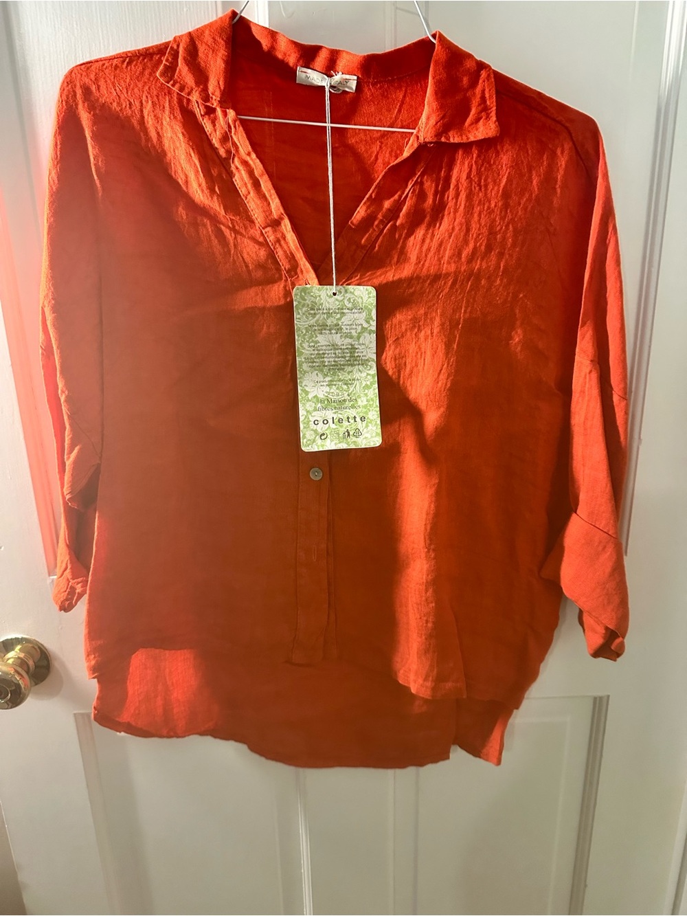 Rust Orange Linen V-Neck Button Front Women's Top